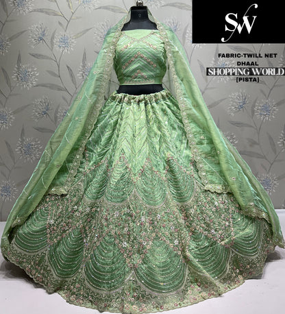Khoobsurat Pista green Twill net Lehenga
