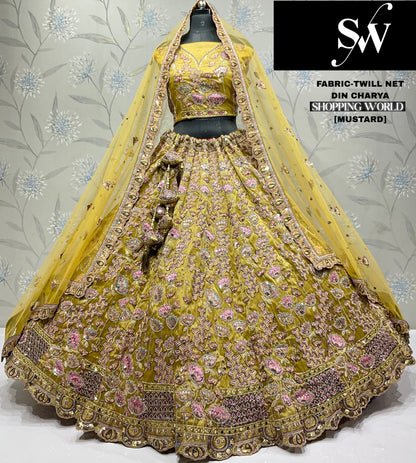 Gorgeous Mustard yellow Twill Net Lehenga