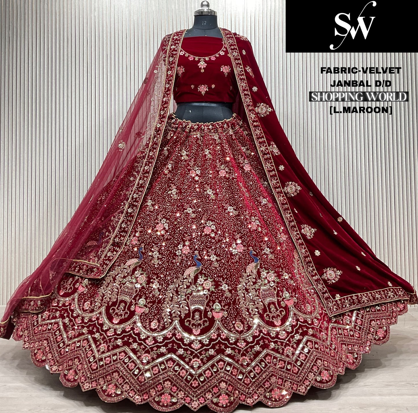 Delightful Raspberry red peacock Double Duptta Velvet bridal Lehenga
