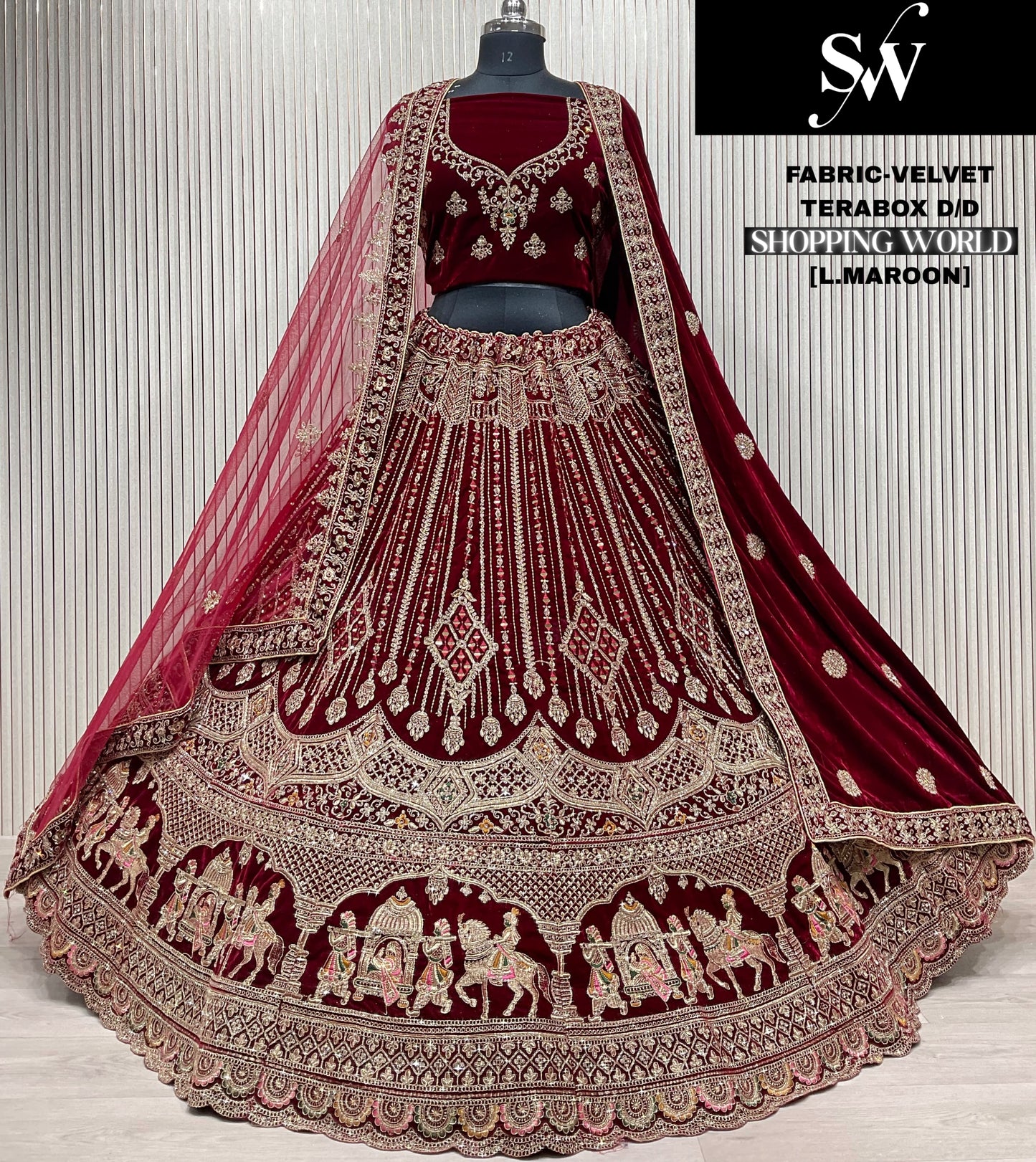 Embellished Rani pink Doli barat Double Duptta Velvet bridal Lehenga
