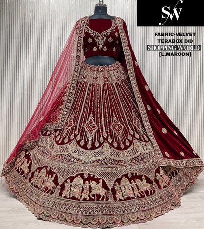 Embellished Rani pink Doli barat Double Duptta Velvet bridal Lehenga