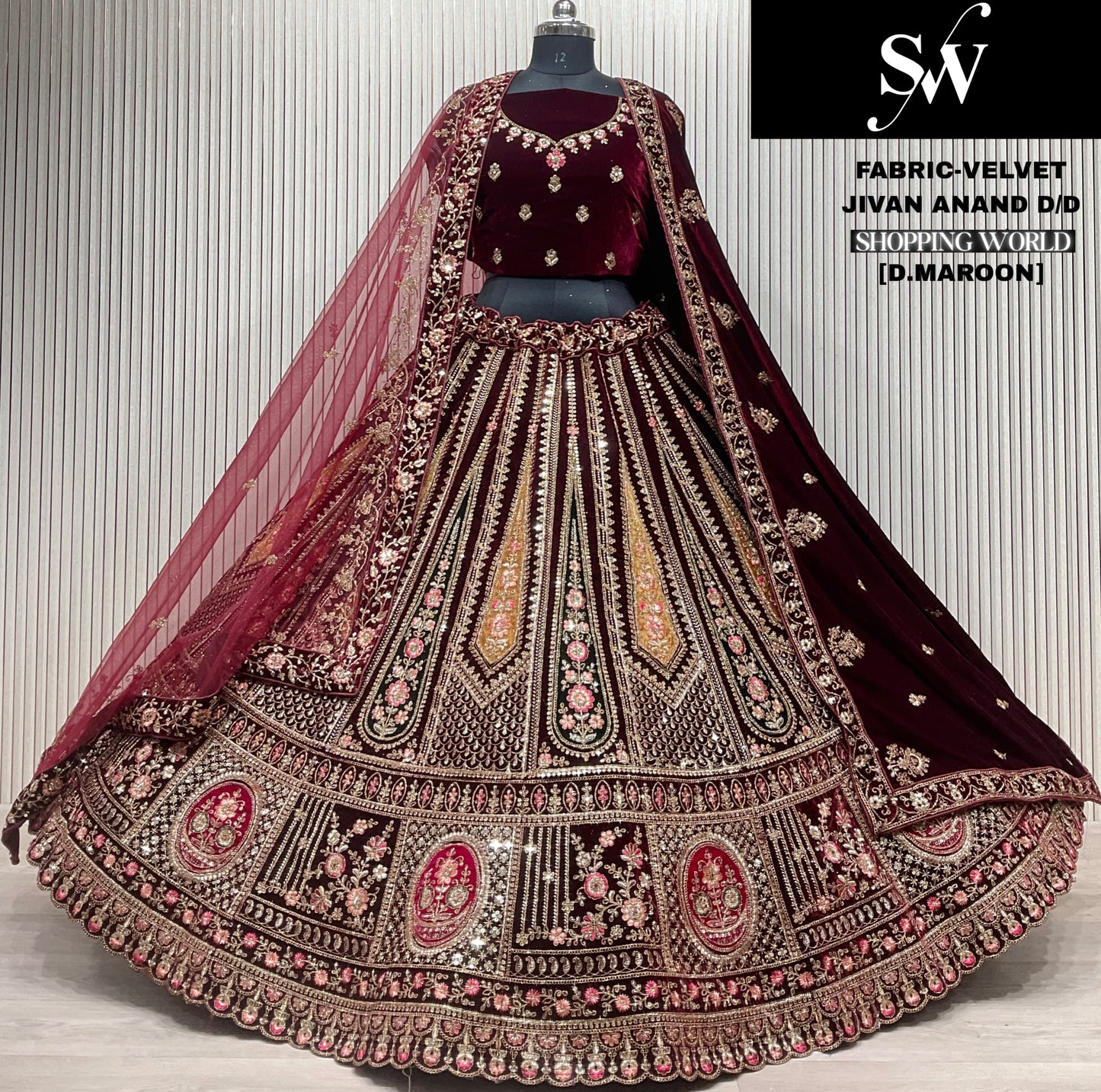 Astonishing Dark maroon Double Duptta Velvet bridal Lehenga