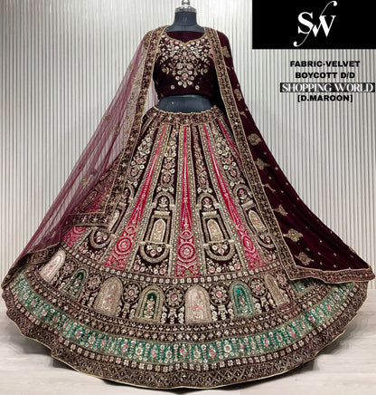 Fabulous light maroon Double Duptta Velvet bridal Lehenga