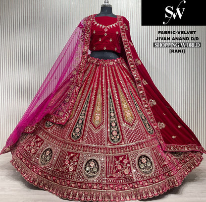 Astonishing Dark maroon Double Duptta Velvet bridal Lehenga