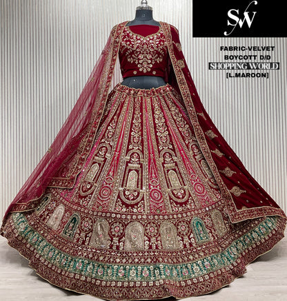 Fabulous light maroon Double Duptta Velvet bridal Lehenga