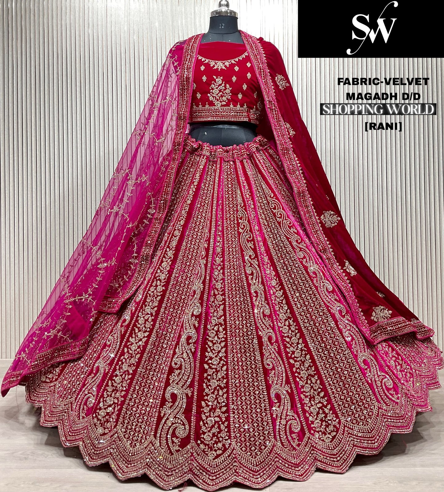 Pleasing light maroon Double Duptta Velvet bridal Lehenga
