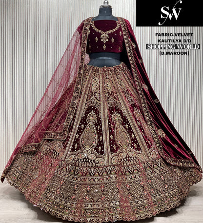 Embellished Raspberry red Double Duptta Velvet bridal Lehenga
