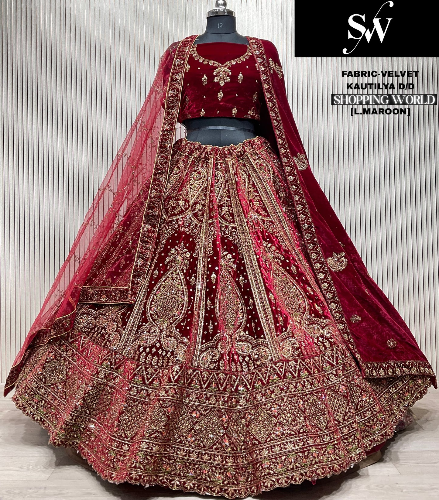 Embellished Raspberry red Double Duptta Velvet bridal Lehenga