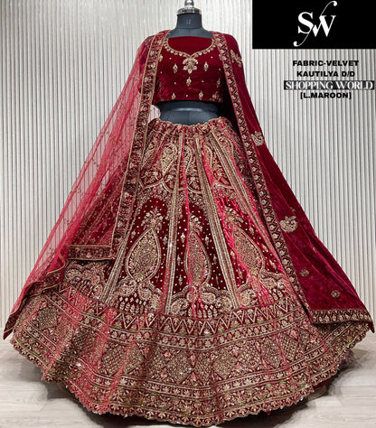 Embellished Raspberry red Double Duptta Velvet bridal Lehenga
