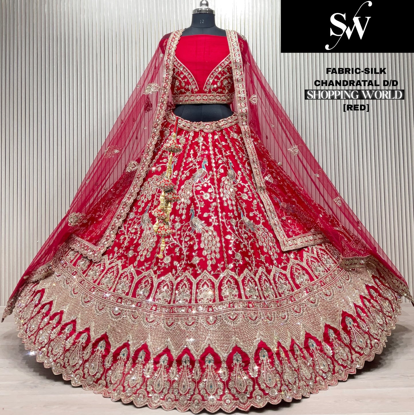 Something different red peacock  Double Duptta Silk bridal Lehenga