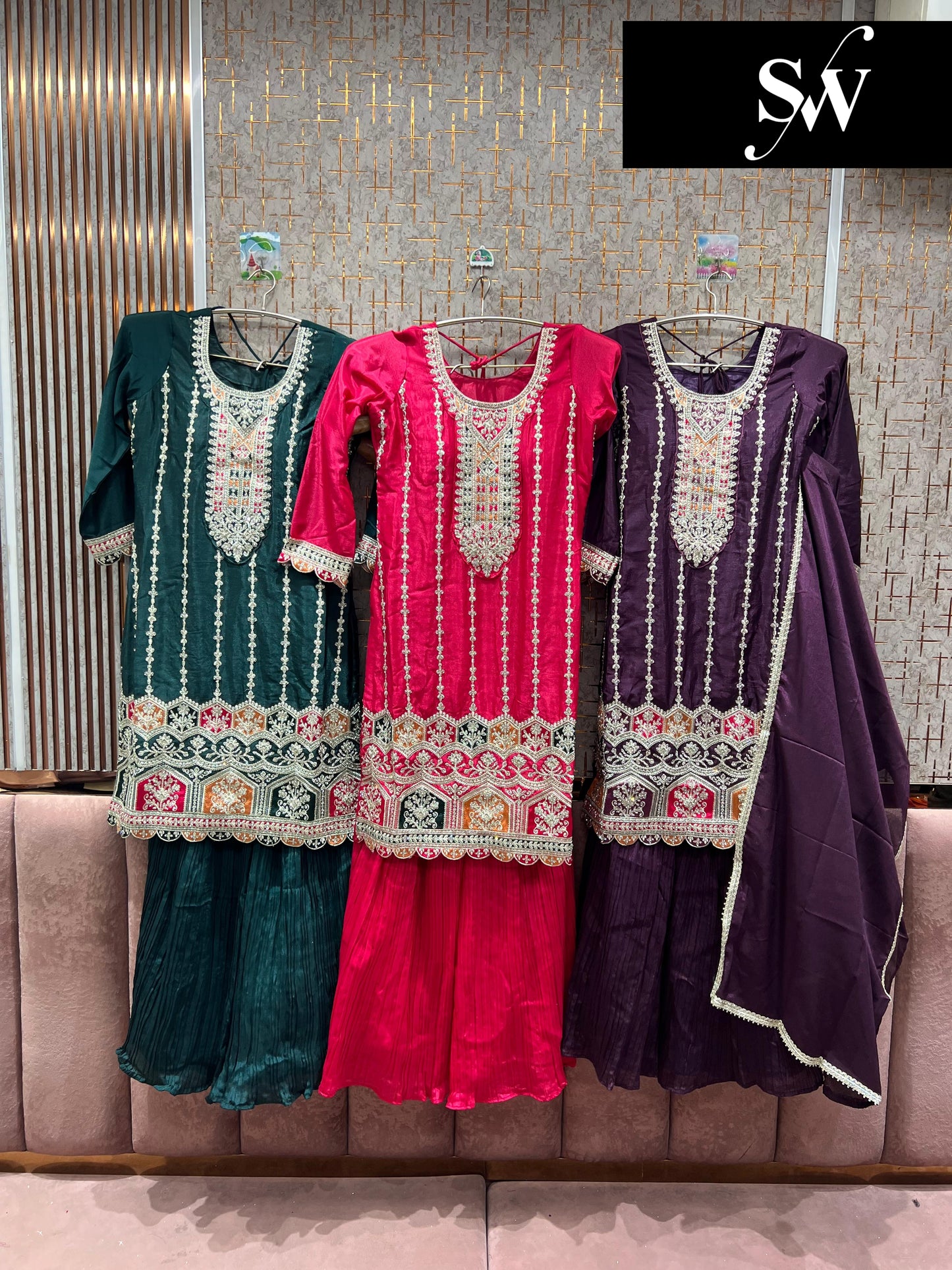 Embellished purple pink Green Shrug dress readymade suit