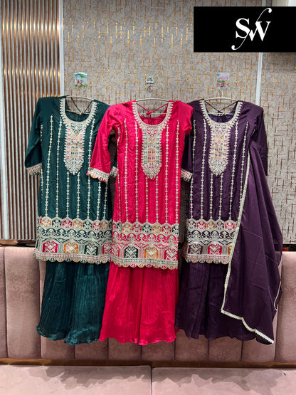 Embellished purple pink Green Shrug dress readymade suit