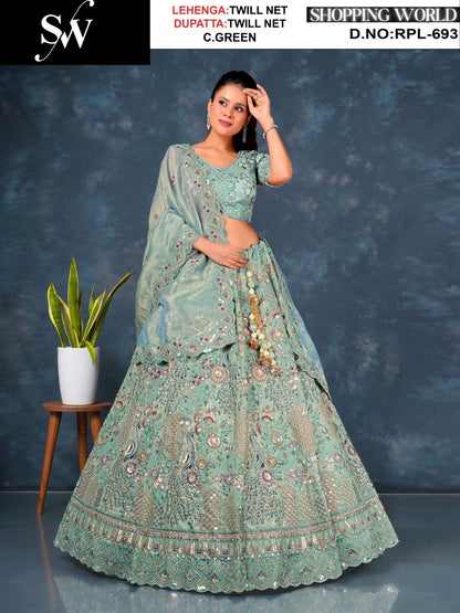 Something different Rust peach Lavender pink Sea green Twill Net Lehenga