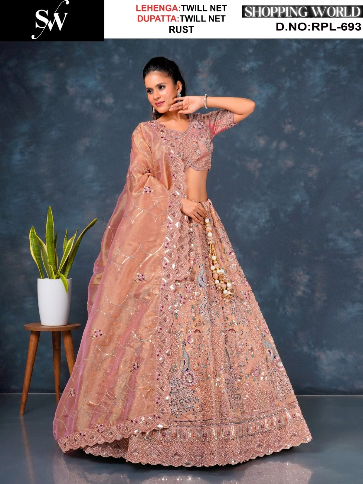 Something different Rust peach Lavender pink Sea green Twill Net Lehenga