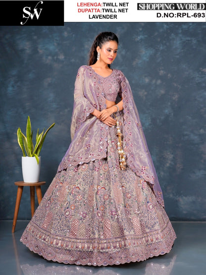 Something different Rust peach Lavender pink Sea green Twill Net Lehenga