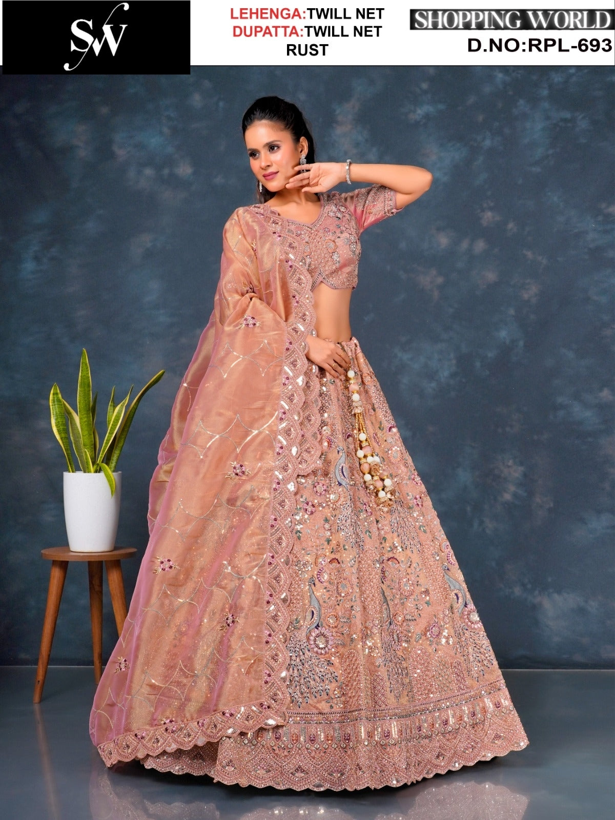 Something different Rust peach Lavender pink Sea green Twill Net Lehenga