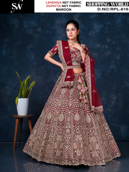 Elegant Maroon Net Lehenga