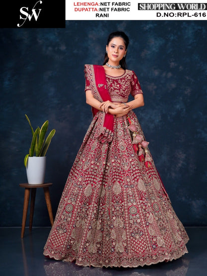 Elegant Maroon Net Lehenga