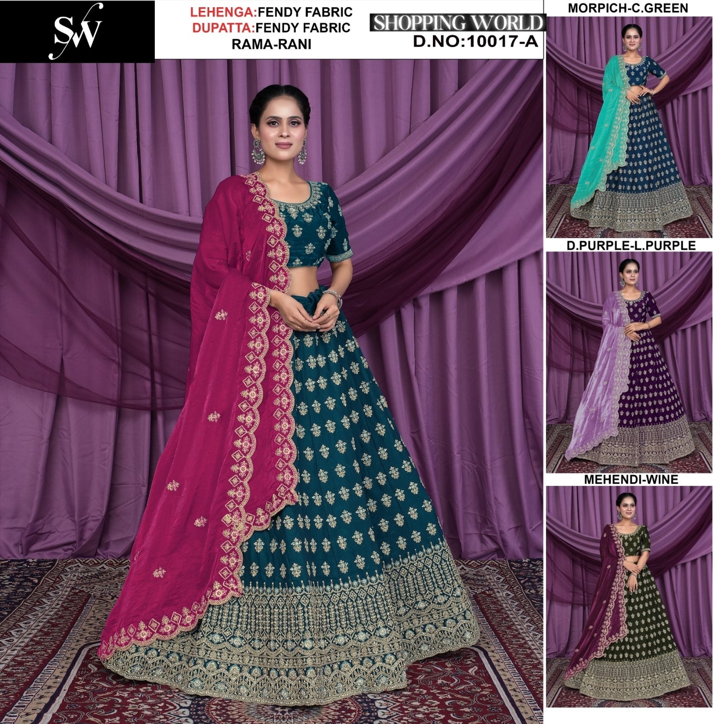 Fabulous Rama green Morpich Dark purple Mehendi Fendy Lehenga