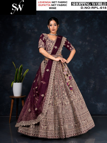 Tremendous golden Chiku Net Lehenga