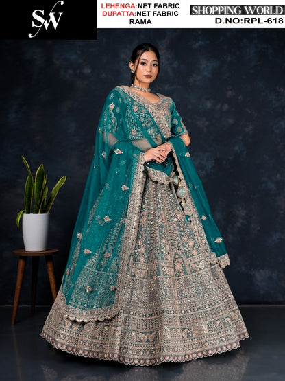 Tremendous golden Chiku Net Lehenga