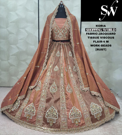 Something different Rust peach Beads Jacquard Tissue Viscous Lehenga