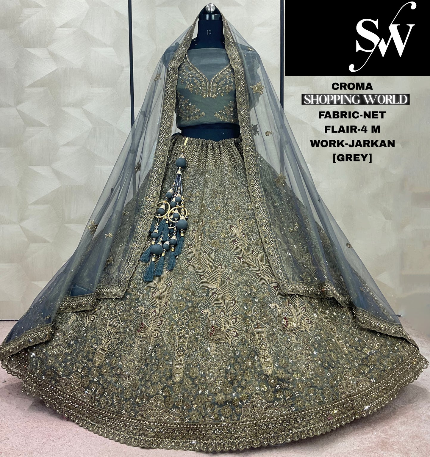 Awesome Grey Jarkan Net Lehenga