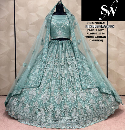 Gorgeous Sea green Jarkan Net Lehenga