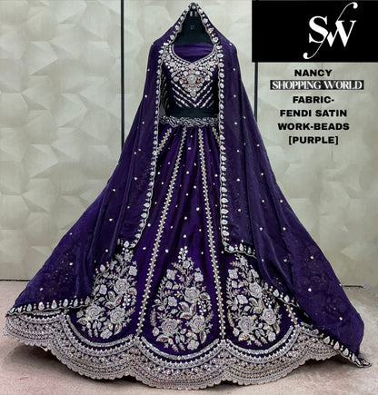 भव्य बैंगनी रंग की मोतियों से जड़ी फेंडी साटन लेहंगा