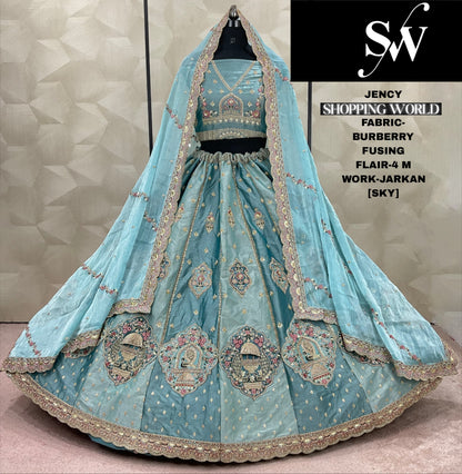 Pleasing Sky blue Jarkan Burberry Fusing Lehenga