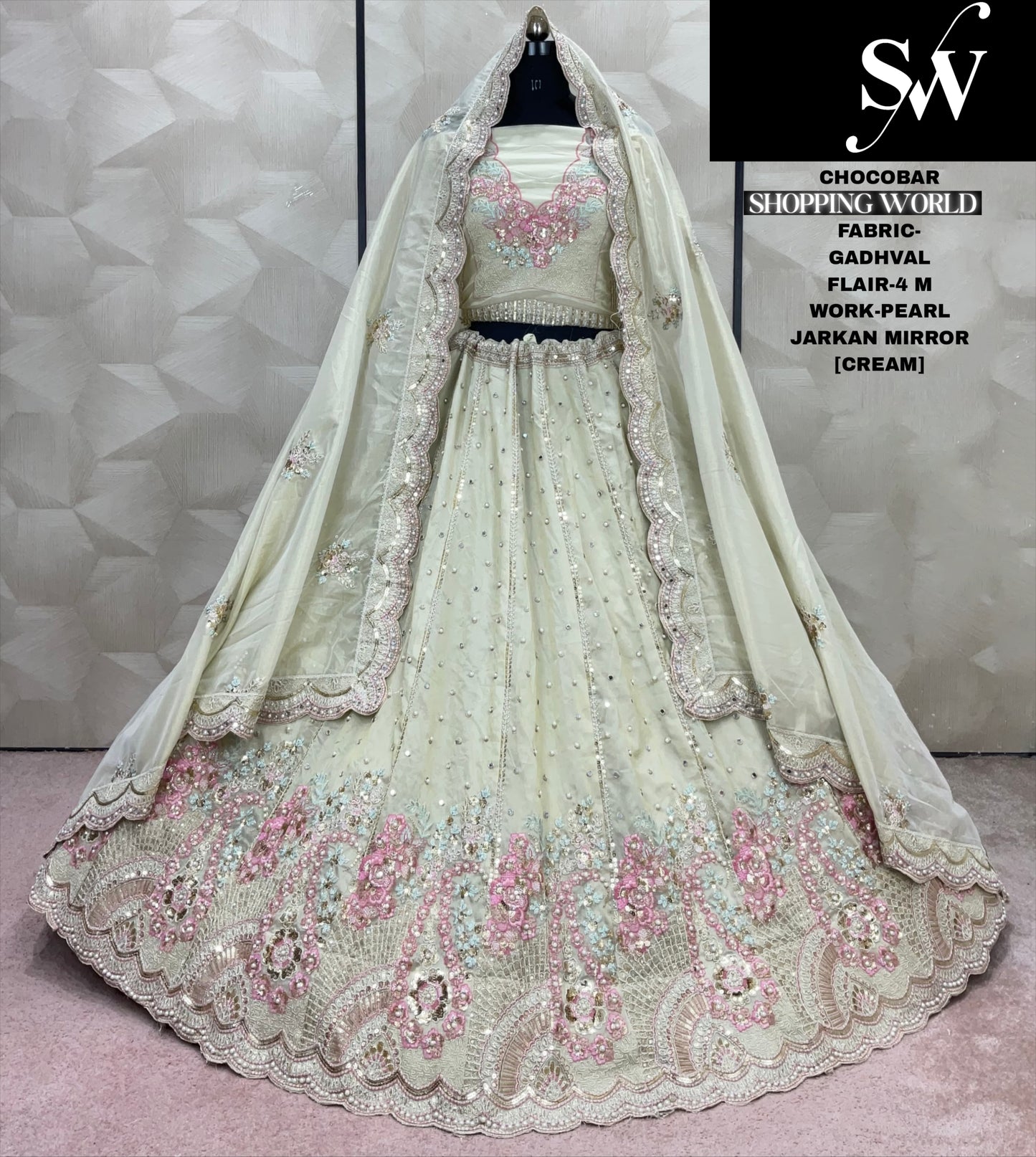 Engaging white cream Jarkan mirror Gadhval Lehenga