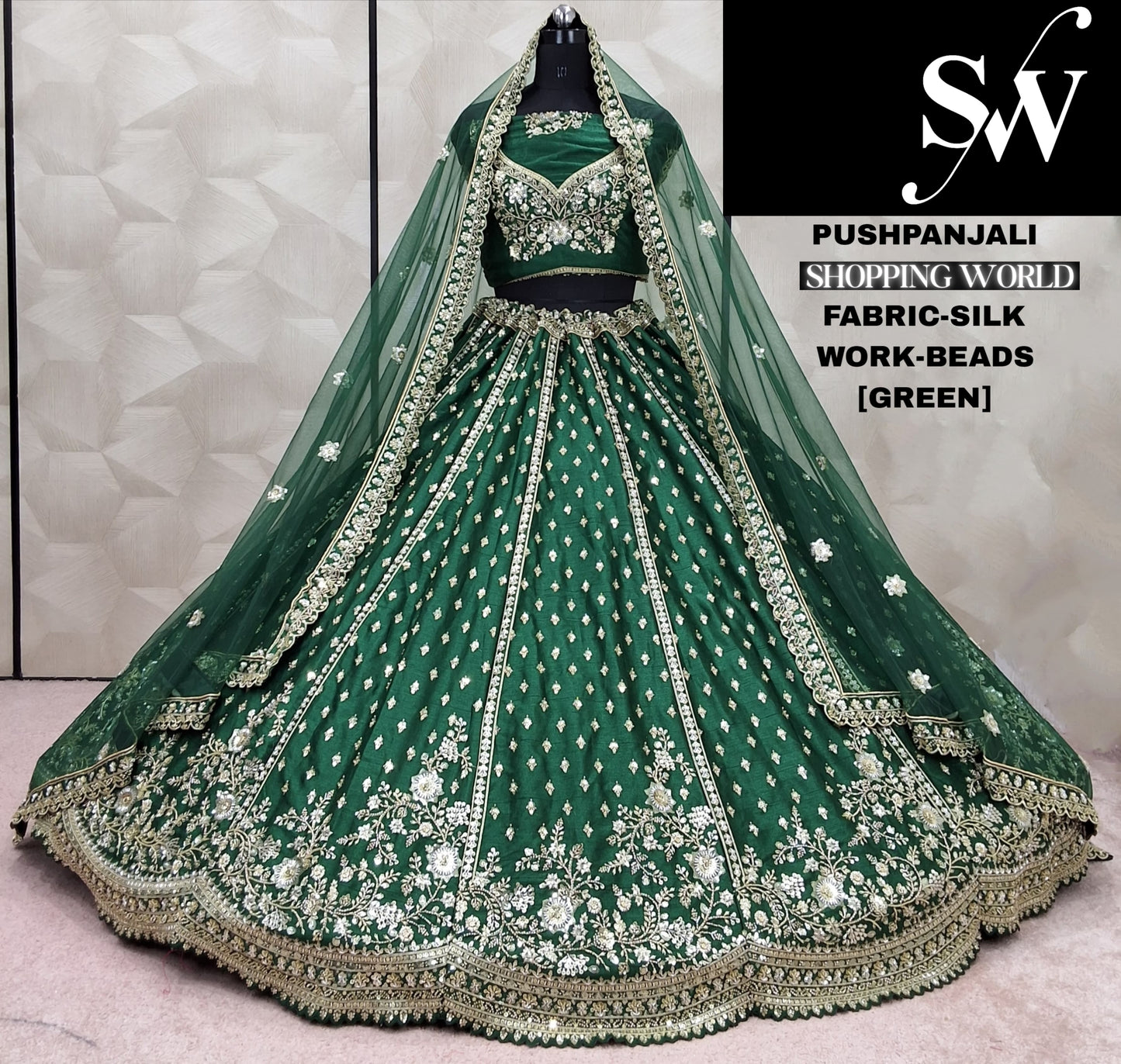 Gorgeous green Beads Work Silk Lehenga
