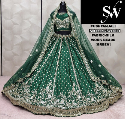 Gorgeous green Beads Work Silk Lehenga