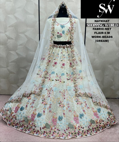 Khoobsurat Cream white Beads Work Net Lehenga