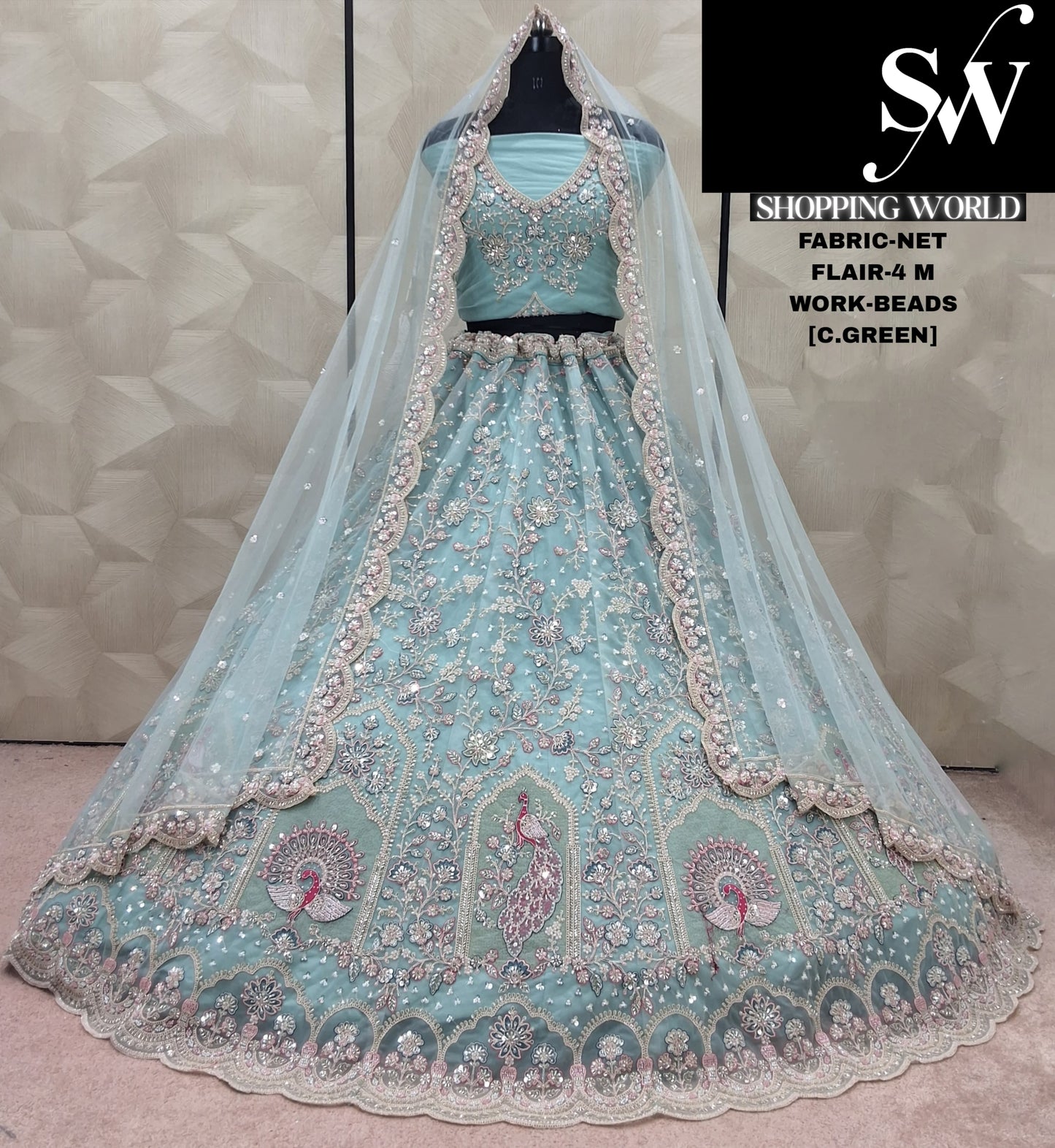 Latest Trendy Lavender peacock Beads Work Net Lehenga