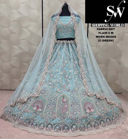 Latest Trendy Lavender peacock Beads Work Net Lehenga
