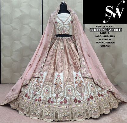 Engaging pista green Jarkan Work Jacquard Silk Lehenga