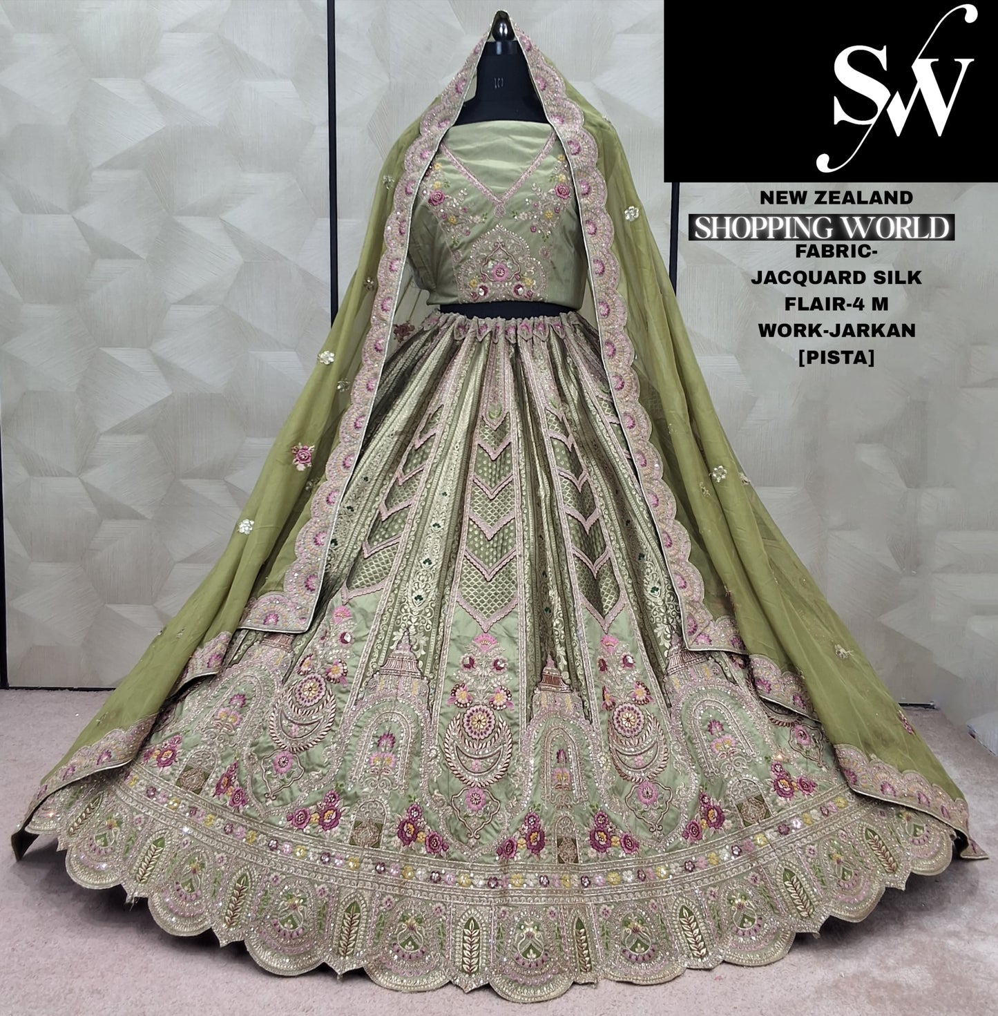 Engaging pista green Jarkan Work Jacquard Silk Lehenga