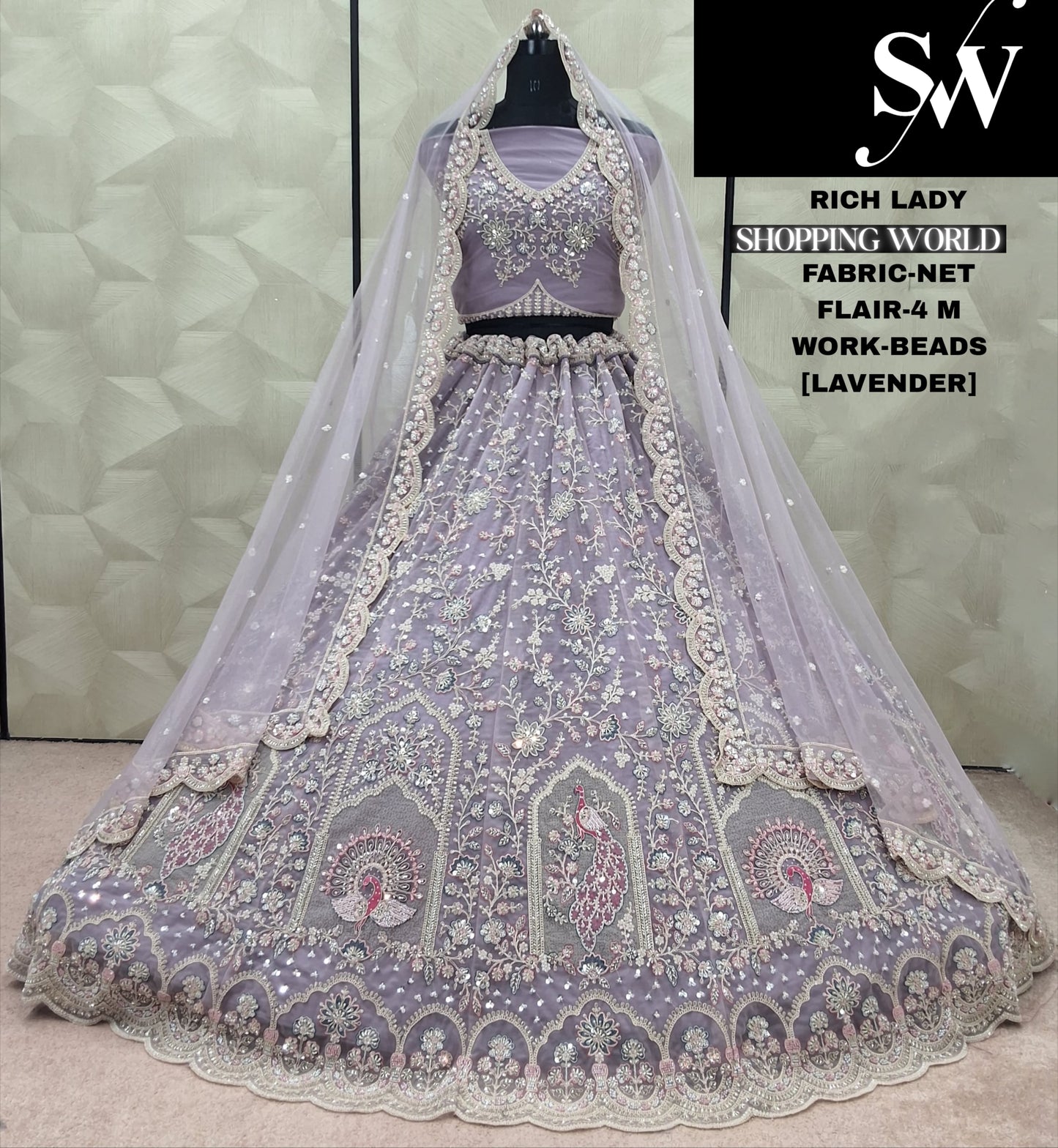 Latest Trendy Lavender peacock Beads Work Net Lehenga