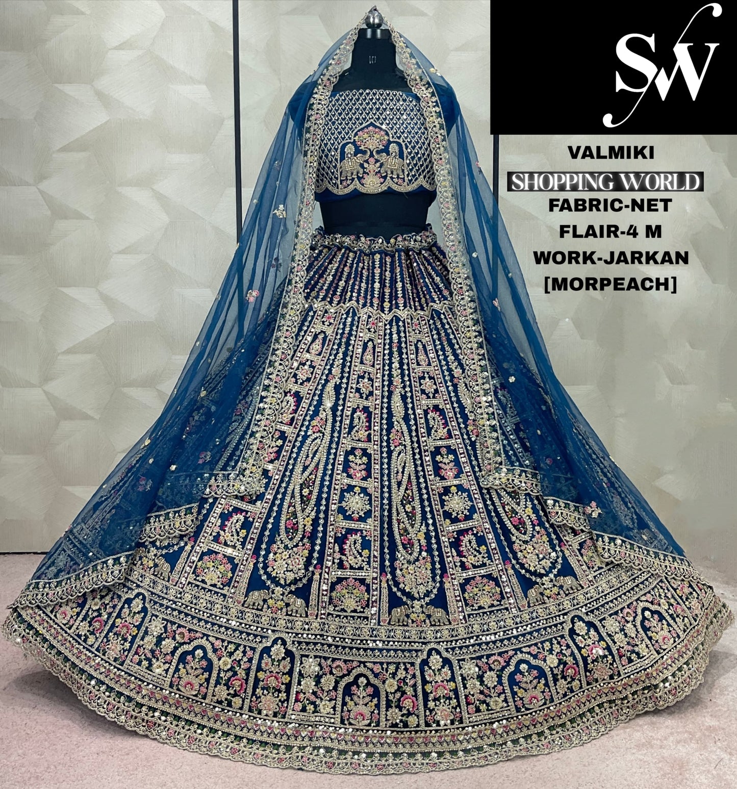 Fabulous Sky blue morpeach Jarkan Work Net Lehenga