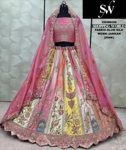 Gorgeous Gajri pink Jarkan Work Slub Silk Lehenga