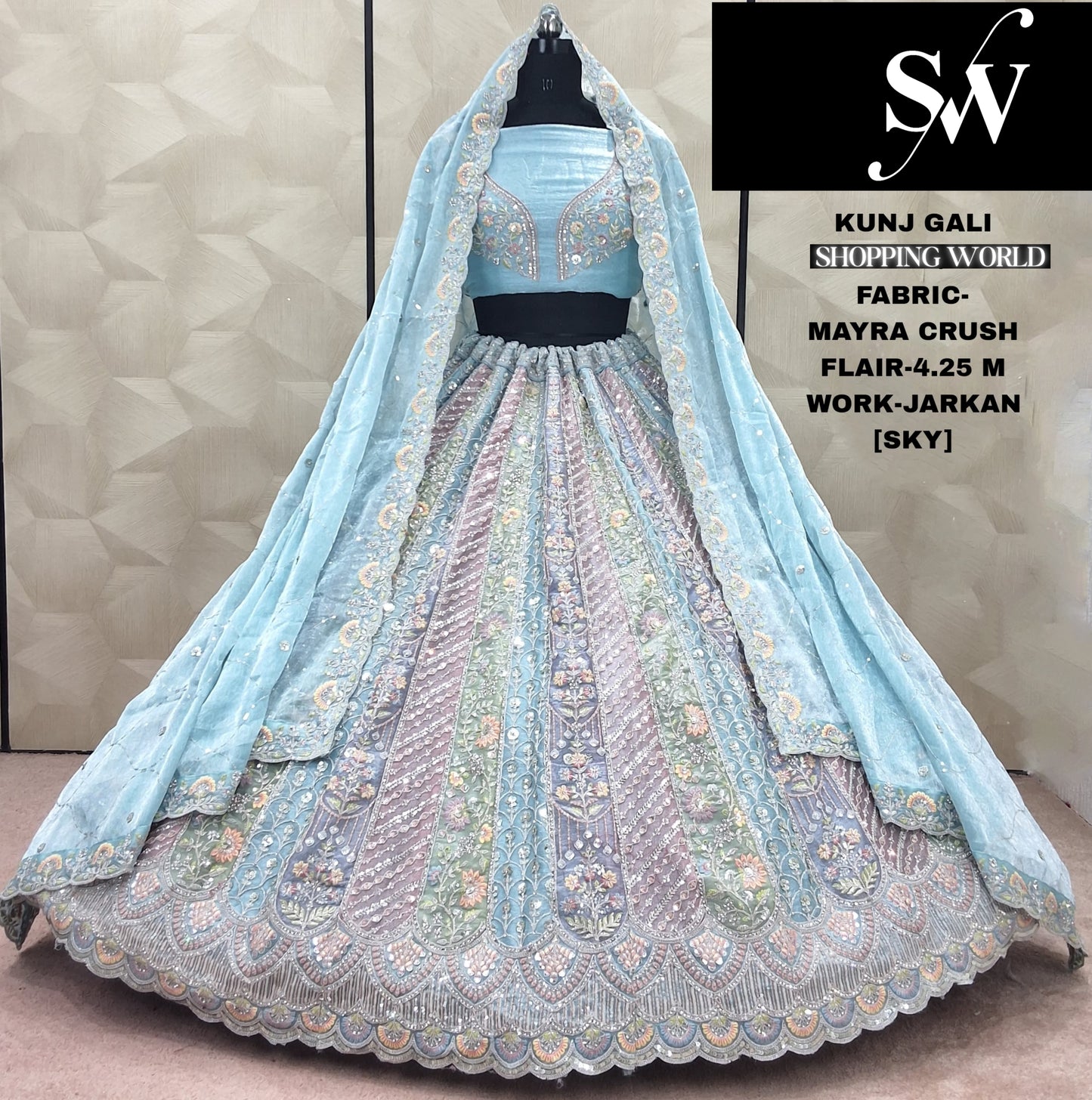Tremendous Sky blue Jarkan Mayra Crush Lehenga