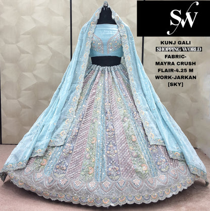 Tremendous Sky blue Jarkan Mayra Crush Lehenga