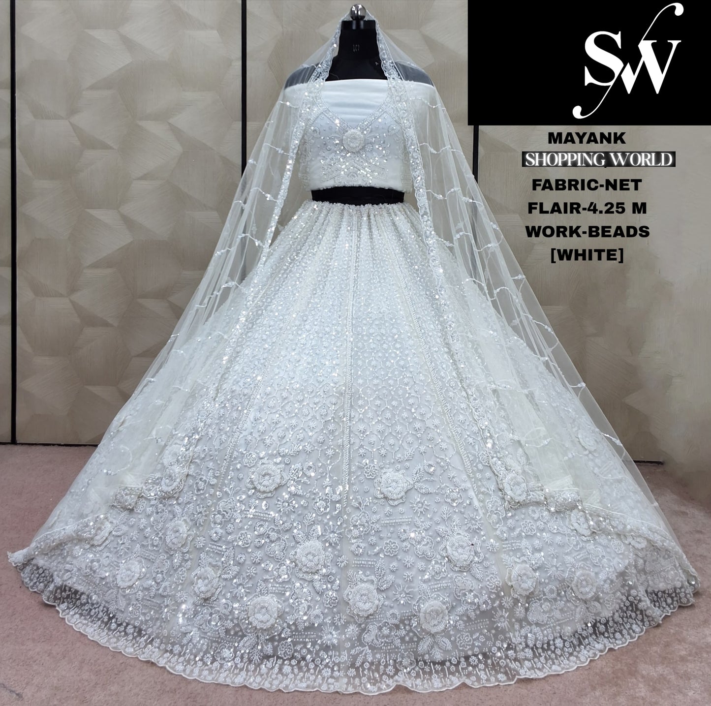 Good looking White Beads Work Net  Lehenga