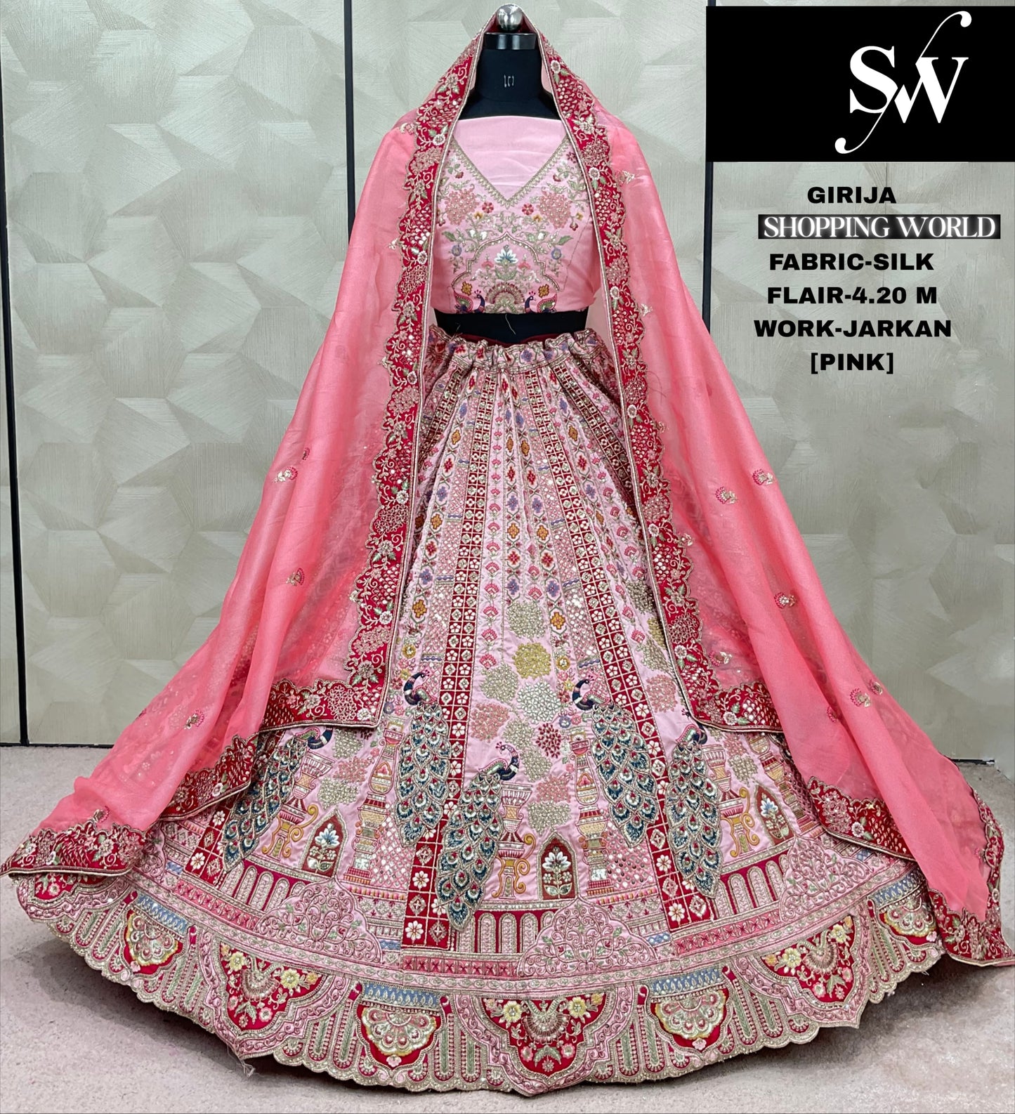 Khoobsurat Cream pink peacock Jarkan Silk Lehenga