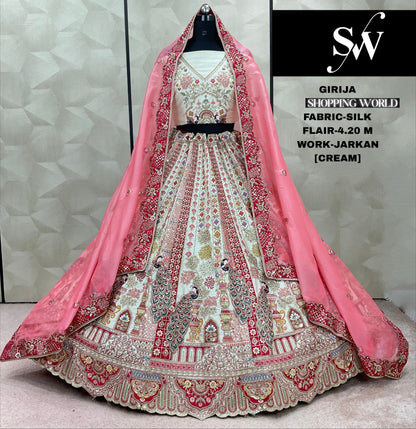 Khoobsurat Cream pink peacock Jarkan Silk Lehenga