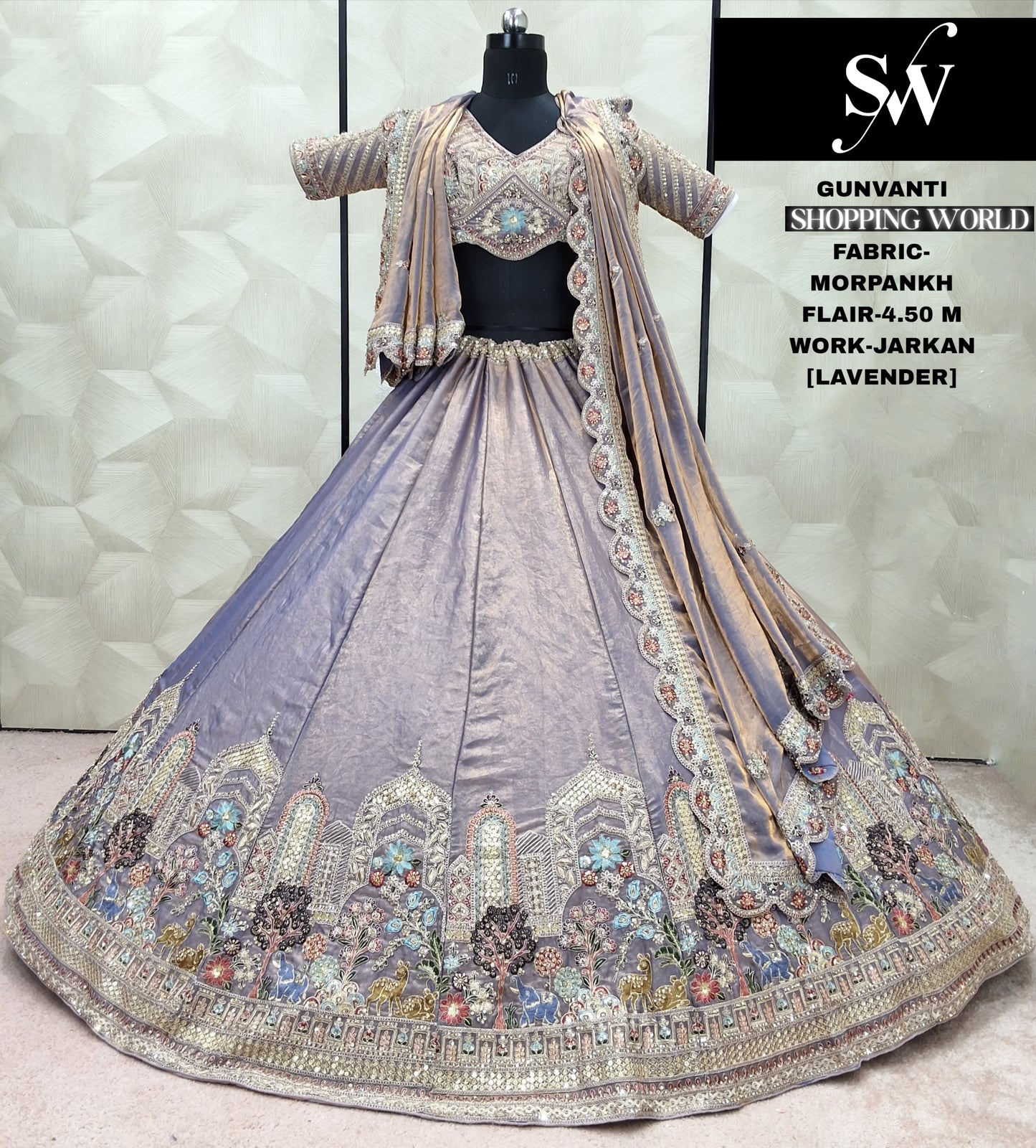 Pretty Lavender Jarkan Morpankh Lehenga