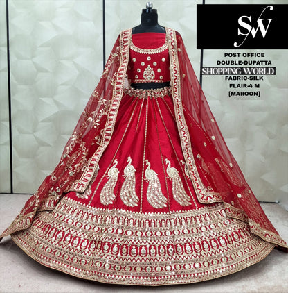 Good looking Red peacock Double Dupatta Silk Bridal Lehenga