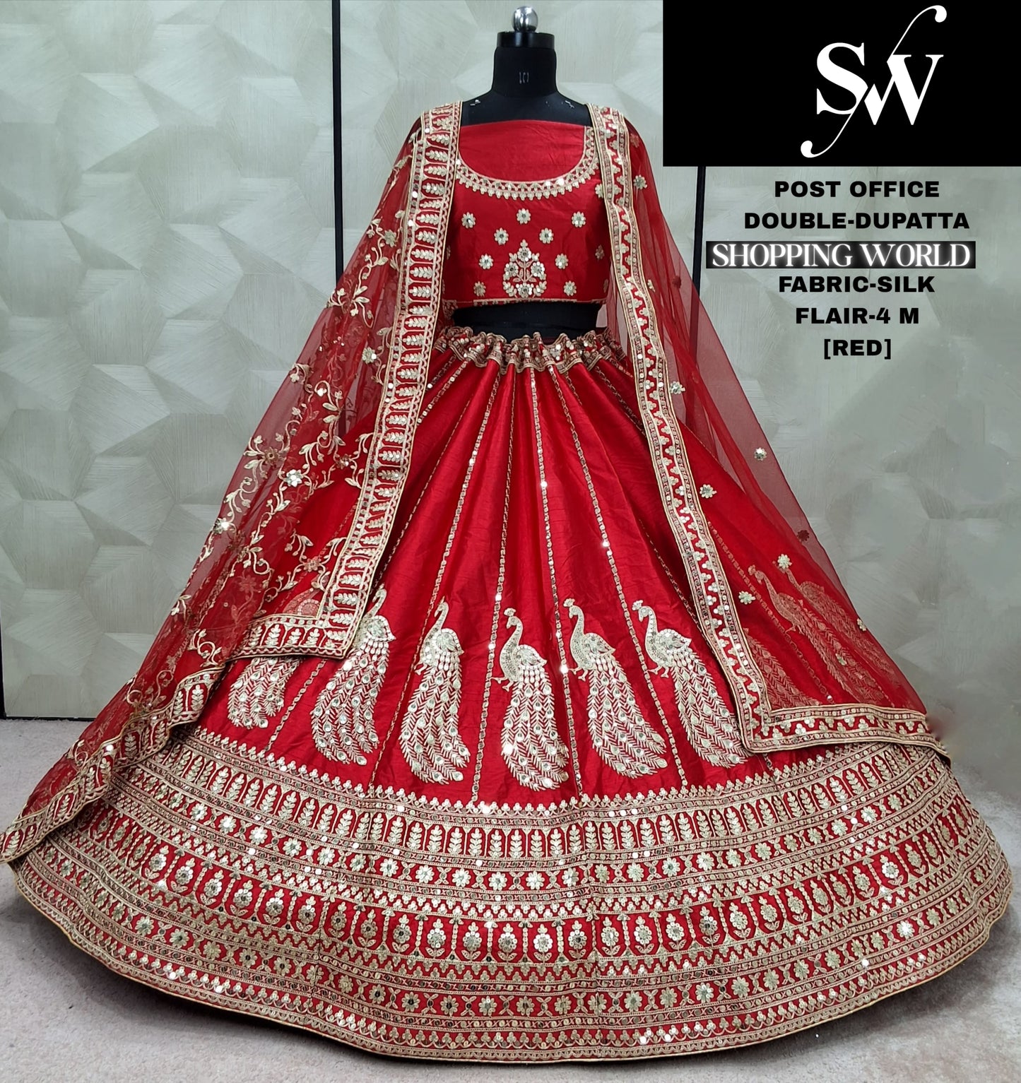 Good looking Red peacock Double Dupatta Silk Bridal Lehenga