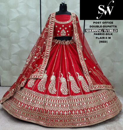 Good looking Red peacock Double Dupatta Silk Bridal Lehenga